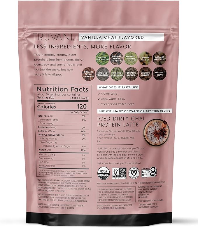 Truvani Vegan Pea Protein Powder | Vanilla Chai | 20g Organic Plant Based Protein | 10 Servings | Keto | Gluten & Dairy Free | Low Carb | No Added Sugar