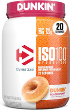 Dymatize x Dunkin' Glazed Donut ISO100 Whey Protein Powder, 25g of Protein, 5.5g BCAAs, 120 Cal., Gluten Free, 1g Fat, 1g Sugar, 2g Carb (20 Servings)
