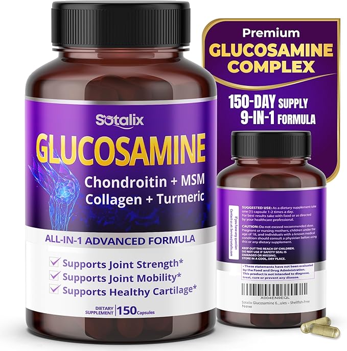 Sotalix Glucosamine 650mg – All-in-1 Joint Support with Chondroitin, MSM, Collagen, Turmeric, Vitamin D3 & Hyaluronic Acid – 150 Capsules – Shellfish-Free