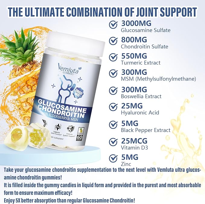 2 Packs Glucosamine Chondroitin Gummies - 3000MG Extra Strength Joint Support Supplement with MSM, Flexibility, Antioxidant Immune Support Gummy for Adults, Men & Women - 120 Cts