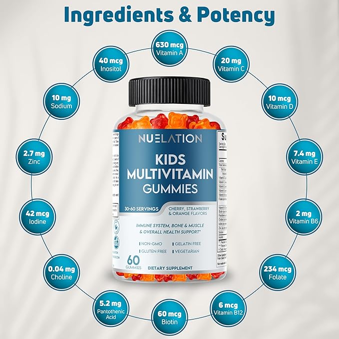 Vegetarian Kids Multivitamin Gummies, 30–60 Servings. With 14 Essential Vitamins & Minerals. Gelatin-Free, Gluten-Free. Non-GMO Gummy Vitamins for Toddlers, Support Immune, Bones & Overall Wellness