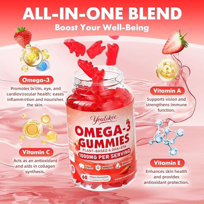 Vegan Omega-3 Gummies 1000mg, Omega 3 Fish Oil Alternative for Adults, Plant Based DHA 460mg & EPA 230mg w/Vitamin A, C, E - Supports Immune Function, Sugar Free, Strawberry Flavor, 60 Count