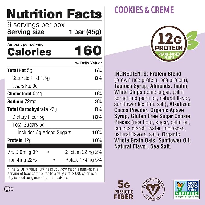 Lenny & Larry's Cookie-fied Protein Bar – Cookies & Creme Vegan Protein Bars 9x45g – Healthy Snacks with 12g Plant Protein & 5g Fiber – Gluten Free Power Bar, Non-GMO & Vegan