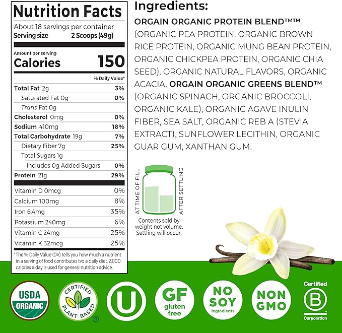 Orgain Organic Vegan Protein Powder + Greens, Vanilla Bean - 21g Plant Based Protein, Gluten Free, Dairy Free, Lactose Free, Soy Free, No Sugar Added, With Iron & Prebiotics for Gut Health - 1.94lb