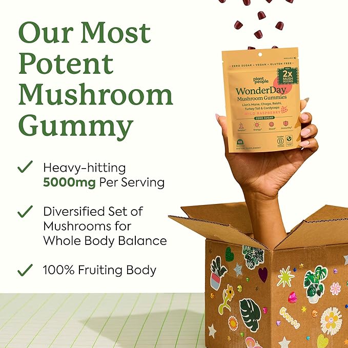 WonderDay Extra Strength Mushroom Gummies – Sugar Free Lion’s Mane, Cordyceps, Reishi & Chaga Supplement for Adults – Mood Boost, Energy, Focus, Immune Support & Gut Health – Vegan, Non-GMO (60 Count)
