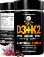 KEY ELEMENTS Vitamin D3 K2 10,000 IU with Magnesium Glycinate 400mg & Saffron 88.5mg - Mood, Immune, Bone Health - Vitamin D and K (MK-7) 200mcg - Non-GMO, Gluten-Free Softgels for Women & Men