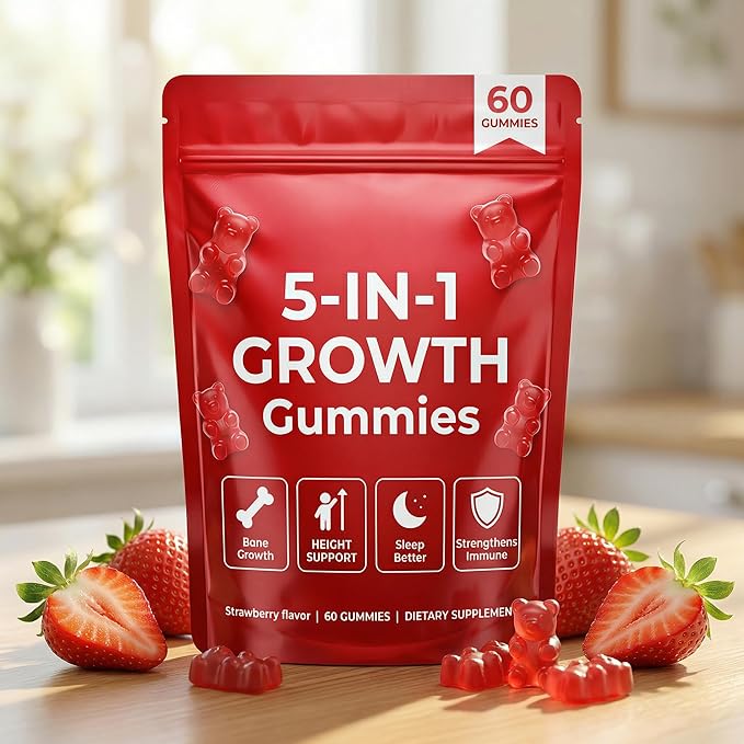 5-in-1 Growth Gummies with Amino Acids, Vitamin D3 & K2, Strawberry Flavor Chewable Supplement, 60 Count