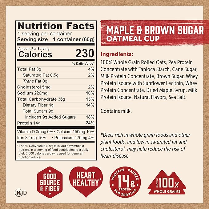 Kodiak Cakes Instant Protein Maple & Brown Sugar Oatmeal in a Cup, 2.12oz (Pack of 12)