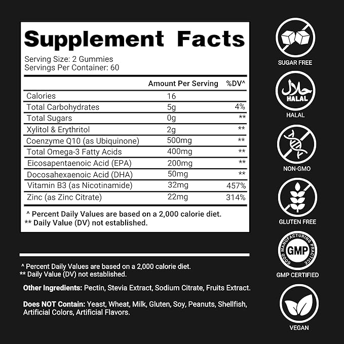 CoQ10 Gummies for Adults 500mg – Sugar Free, 120 Gummies – with Omega-3, Vitamin B3 & Zinc – Supports Heart Health, Cellular Energy & Antioxidant Support Gummy Chews