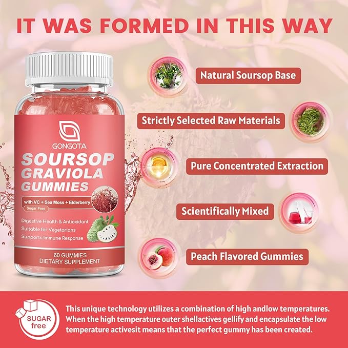 Soursop Graviola Gummies - 2200mg Extra Soursop Leaves Extract,Elderberry & Sea Moss & Zn, for Digestive, Immune, Antioxidant and Overall Health Support - Gluten Free, Vegan, 60 Gummies