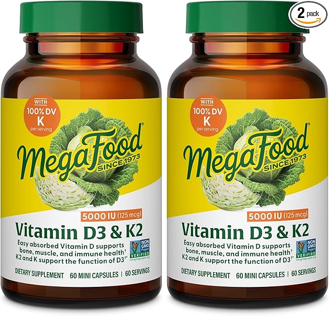 MegaFood Vitamin D3 5000 IU (125 mcg) - Vegetarian Supplements with Vitamin D3 K2 - Supports Bones, Teeth, Muscles & Immune Health - Certified Non-GMO - 60 Mini Capsules, 60 Servings (Pack of 2)