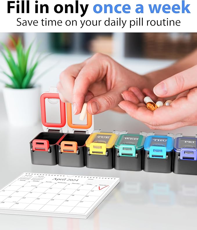 Weekly Pill Organizer 1 time a Day – Pill Box 7 Day with Enhanced Waterproof Seal, Large compartments Hold Big Vitamins & Supplements, Upgraded Locking lids, for Home & Travel use, Durable Hard case