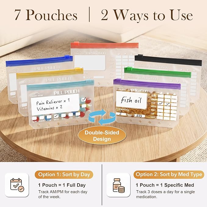 Weekly Pill Organizer,Vegan Leather Travel Medicine Bag - Pill Container with 7 Color-Coded Resuable Waterproof Pills Pouches, Dual-Sided Labeling Design & Reminder Spinner for Vitamins, Supplements