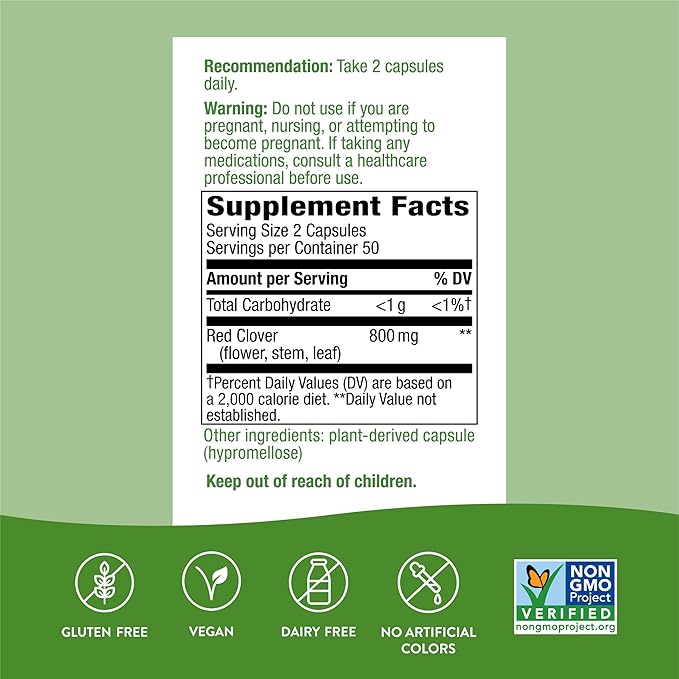 Nature's Way Red Clover Blossom Herb, Traditional Women's Health Support*, 800 mg per Serving, 100 Vegan Capsules (Pack of 2)