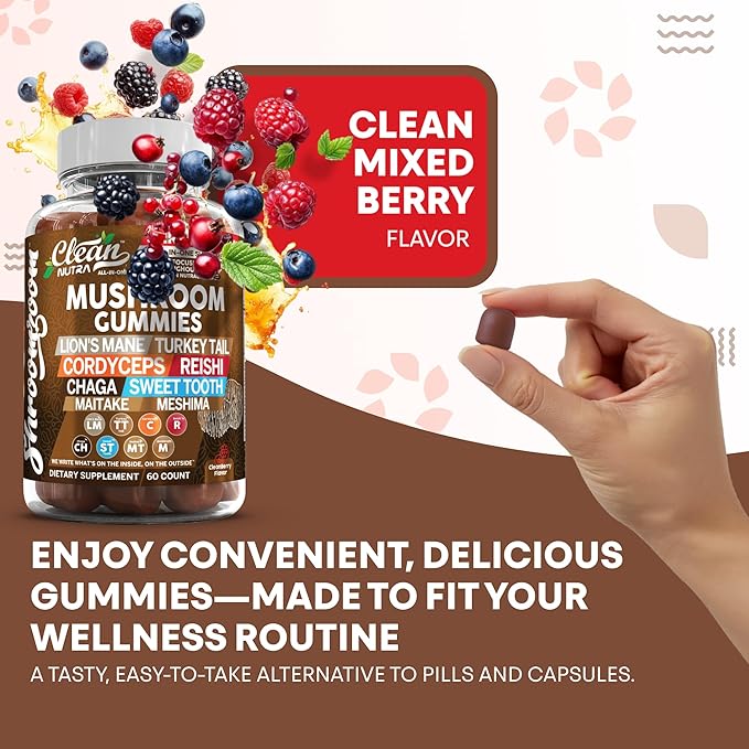15in1 Mushroom Gummies with Lion's Mane Turkey Tail Cordyceps Reishi Chaga Sweet Toot Maitake Meshima Poria Cocos Shiitake Tremella, Oyster Agaricus Mushrooms for Men and Women Supplement Clean Nutra
