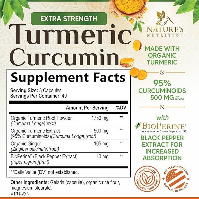 Turmeric Curcumin Supplement 2350mg - 95% Curcuminoids with Organic Turmeric & Ginger, BioPerine Black Pepper for Best Absorption, Nature's Vegan Joint Support, Non-GMO, Bottled in USA - 120 Capsules