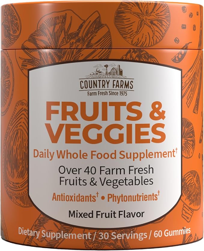 COUNTRY FARMS Fruits and Veggies Gummies, with Over 40 Farm Fresh Fruits & Vegetables, Packed with Powerful Antioxidants, (Spirulina, Blueberry, Mushrooms), Daily Whole Food Supplement, Pectin Based,