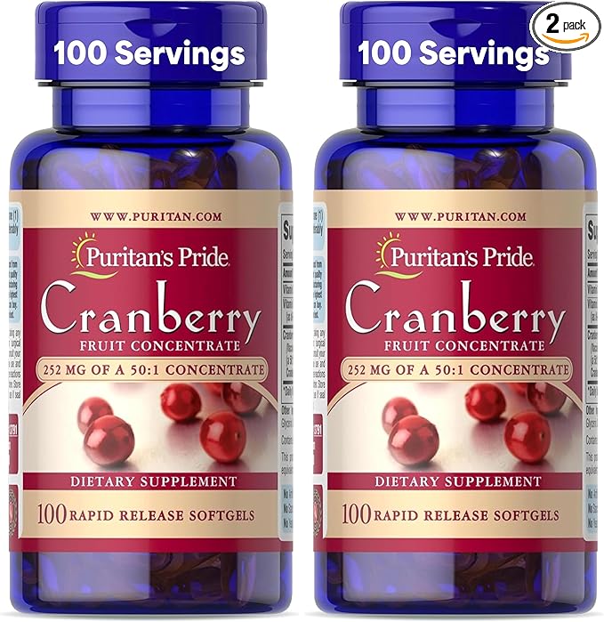 Puritan's Pride Premium Cranberry Fruit Concentrate 252mg (12,600mg Equivalent) with Vitamins C and E, Dietary Supplement for Immune System Support, 100 Rapid Release Softgels,(Pack of 2)