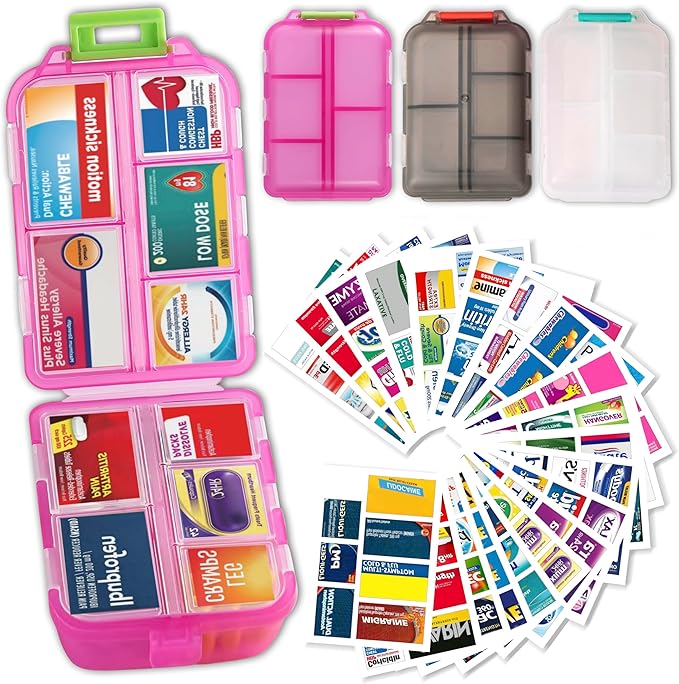 iouwei Large Pill Organizer with Medicine Labels, Travel Daily Pill Container, Mini Medication Organizer, 7-Day Pill Case, Set of 3 (Pink+White+Grey)