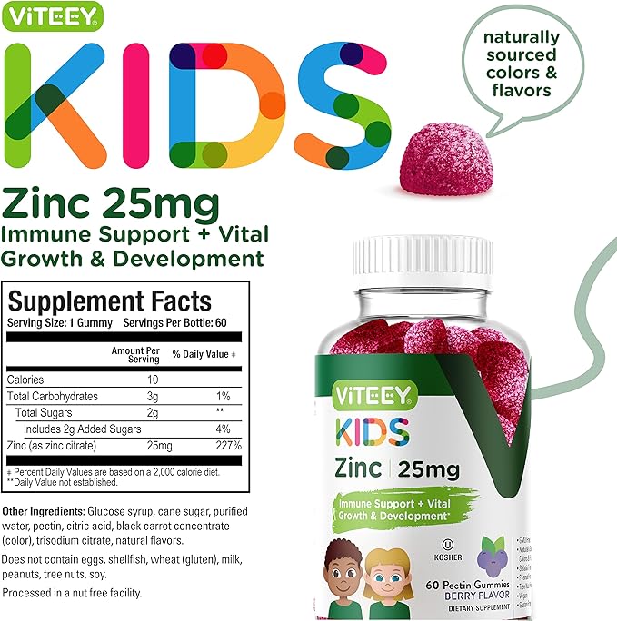 Viteey Zinc for Kids Gummies, 25mg - Immune Support - Powerful Natural Antioxidant, Kids Zinc Vitamin Supplement - Vegan, Gelatin Free, Gluten Free - Tasty Chewable Berry Flavor Gummy
