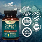 Omega 3 Fish Oil Supplements - 2400mg Fish Oil Per Serving - Triple Strength Omega-3 with Fatty Acids EPA & DHA - Natural Heart, Brain & Immune Support - Wild Caught, Bottled in USA - 60 Softgels