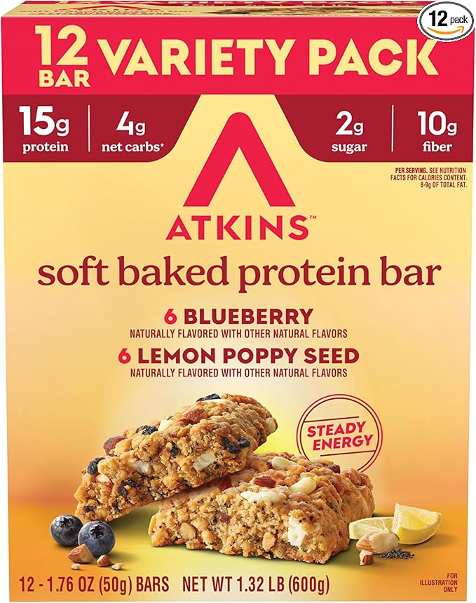 Atkins Soft Baked High Protein Bars, Lemon Poppyseed & Blueberry Flavors, 15g Protein, 4g Net Carbs, 2g Sugar, Keto Snacks, Low Sugar Protein Bars, High Fiber Snacks, 12 pk (6 bars each flavor)
