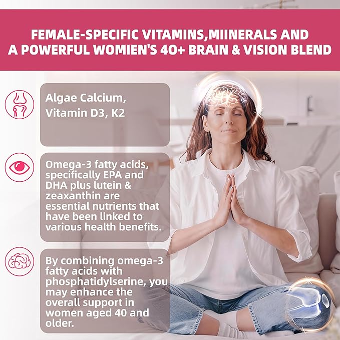 Multivitamin for Women Gummies for 40+ with Omega-3, Niacinamide, B-Complex, Lutein, Iron, Choline, Phosphatidylserine, Vitamin D3 for Skin, Hair, Energy, Immune, Bone - Vegan, Sugar Free, 120Cts