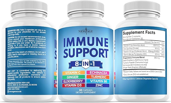 NEW AGE 8 in 1 Immune Support Booster Supplement with Echinacea, Vitamin C and Zinc 50mg, Vitamin D 5000 IU, Turmeric Curcumin & Ginger, B6, Elderberry 60 Count (Pack of 1)