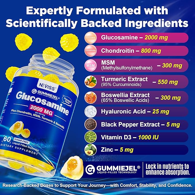 Sugar Free Glucosamine Chondroitin MSM Gummies - Max Strength Mobility Supplement for Women & Men w/ Glucosamine Sulfate 2000mg, Boswellia, Curcumin & Hyaluronic Acid - Flexibility Support - 60Cts