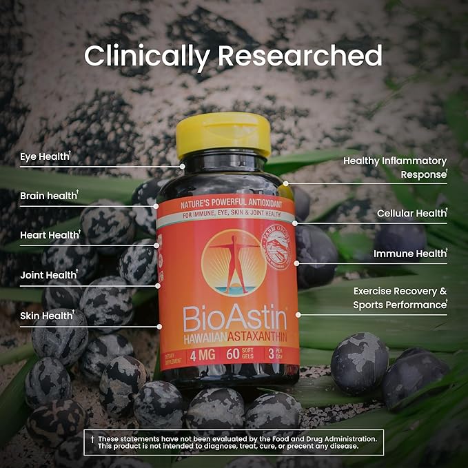 Nutrex Hawaii BioAstin Hawaiian Astaxanthin - 4mg, 60 Softgels - Farm-Direct Premium Antioxidant Supplement to Support Eye, Skin, Joint & Immune System Health - Non-GMO & Gluten-Free