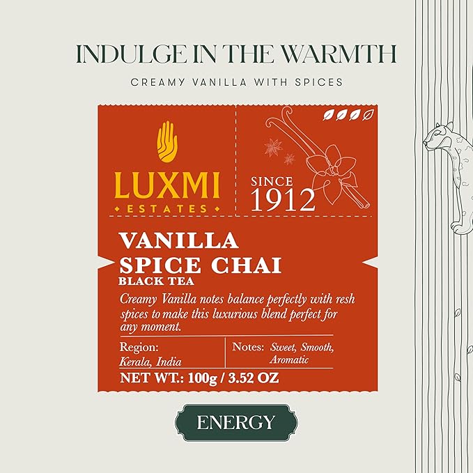 LUXMI Estates Vanilla Spice Chai Loose Leaf Black Tea 100g/3.52oz (50 cups) | Smooth, Flavorful, Robust, Caffeinated