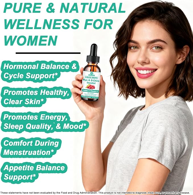 Myo Inositol & D-Chiro Inositol Supplement Liquid for Women- Ideal 40:1 Ratio Inositol Drops with MTHF Folate, Magnesium, Vitamin D, Supports Hormone Balance, Regular Cycles & Ovarian Health丨Vegan
