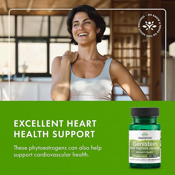 Swanson Soy-Free Genistein Plant-Based Supplement for Women Seeking Hormonal Balance, Bone, and Cardiovascular Support - 125 mg (60 Vegan Capsules)