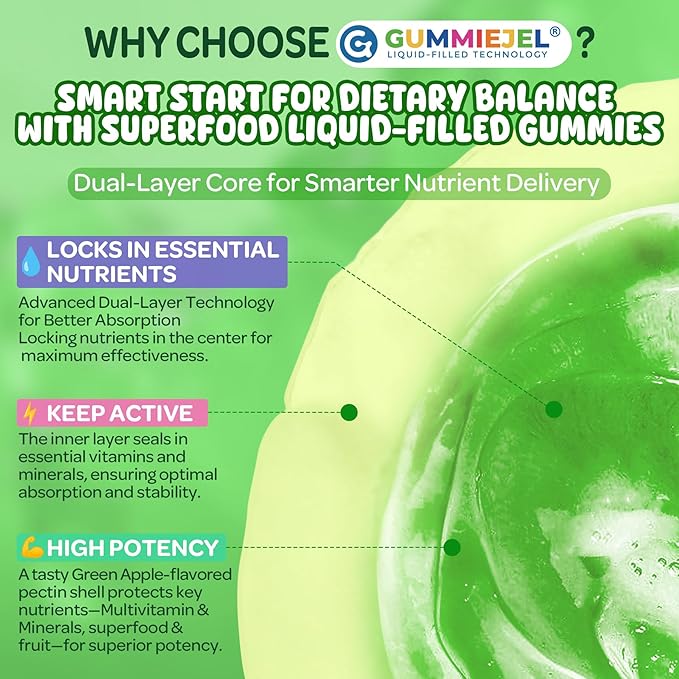 NEVISS Kids 4+ & Teens Super Greens 40-in-1 Gummies w/Multivitamin, Omega3 Iron, D3K2, Picky Eater Organic Super Fruits Veggies Superfood Gummy, Mushroom, Lutein | Immune Bone Brain Energy, Sugar Free