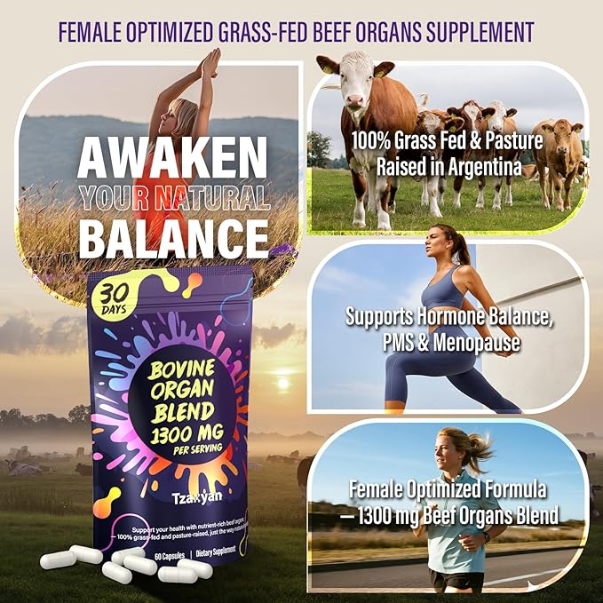 1300MG Beef Organ Supplement for Women, 100% Grass Fed Beef Liver, Uterus, Ovary & 3 More, Bovine Organ Capsules for Supports Women's Overall, Endocrine Balance, Energy, Immunity, 30 Days