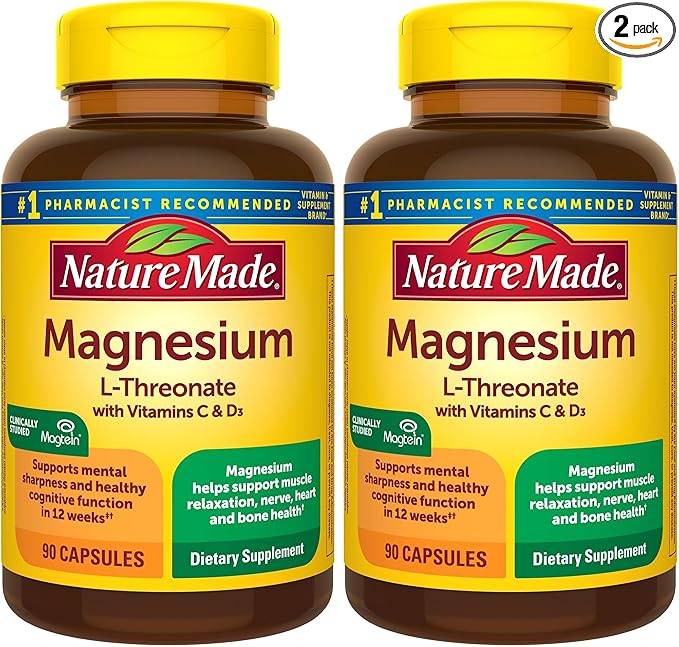 Nature Made Magnesium L-Threonate with Vitamin C & Vitamin D3, Provides 130 mg of Mag from 1800 mg Magnesium L Threonate, Cognitive Support Magnesium-Supplement, 90 Capsules, 30 Day Supply,(Pack of 2)