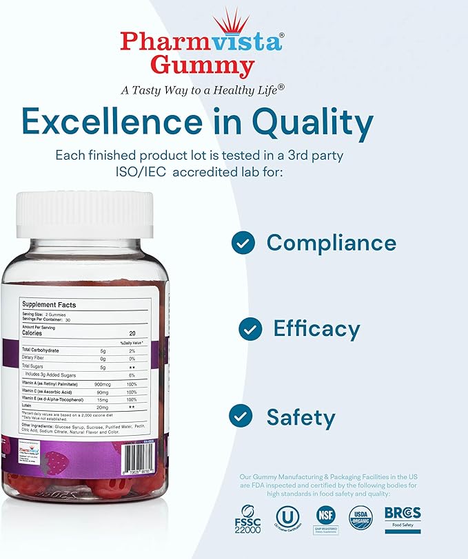 Pharmvista Eye Health Support Gummy - Vitamin A + C + E + Lutein - Gluten Free, Vegan Friendly Supplement - 60 Count