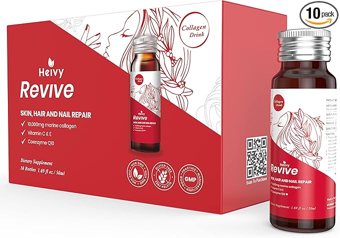 Heivy Liquid Collagen for Women, Collagen Drink with 10,000mg Marine Collagen Peptides, Collagen Liquid for Women for Hair Growth, Skin Repair, Nail Strength, 1.69 Fl Oz (Pack of 10)