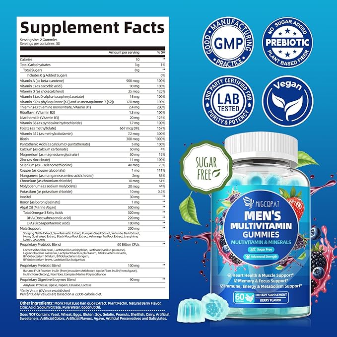 Migcopat 2-Pack Multivitamin for Men, Mens Multivitamins Gummies w/Omega-3, Probiotics, Inositol, Folate, Male Support Blend, Vitamins A, C, D, E, B - Support Heart, Brain, Muscle, Energy, Sugar-Free