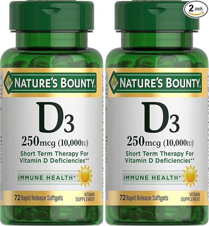 Nature's Bounty Vitamin D for Immune Support, Vitamin D Provides Immune Support and Promotes Healthy Bones, 10000IU, 72 Softgels (Pack of 2)