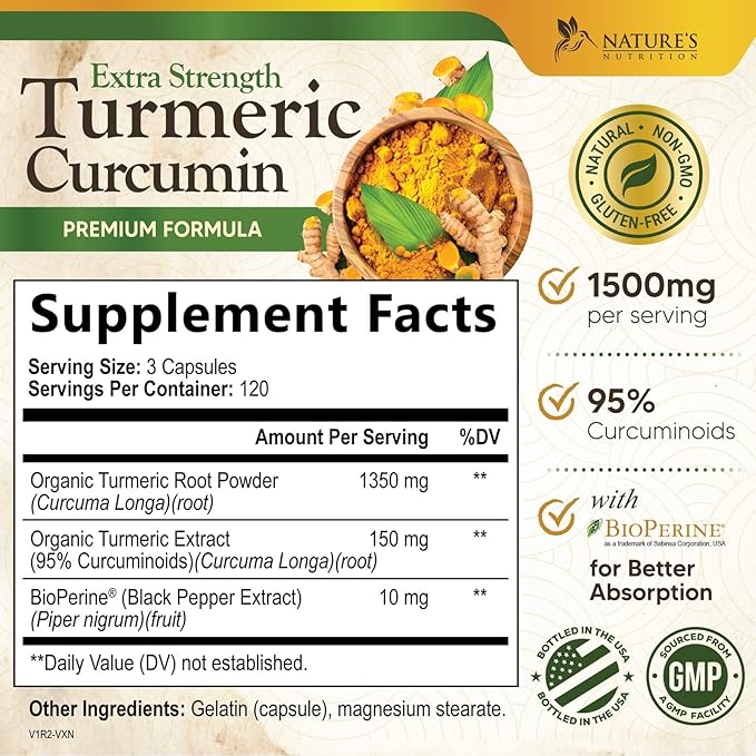 Turmeric Curcumin Supplement 1500mg - Organic Tumeric & BioPerine Black Pepper for Best Absorption with 95% Curcuminoids, Nature's Joint & Immune Support, Non-GMO, Bottled in USA - 360 Capsules