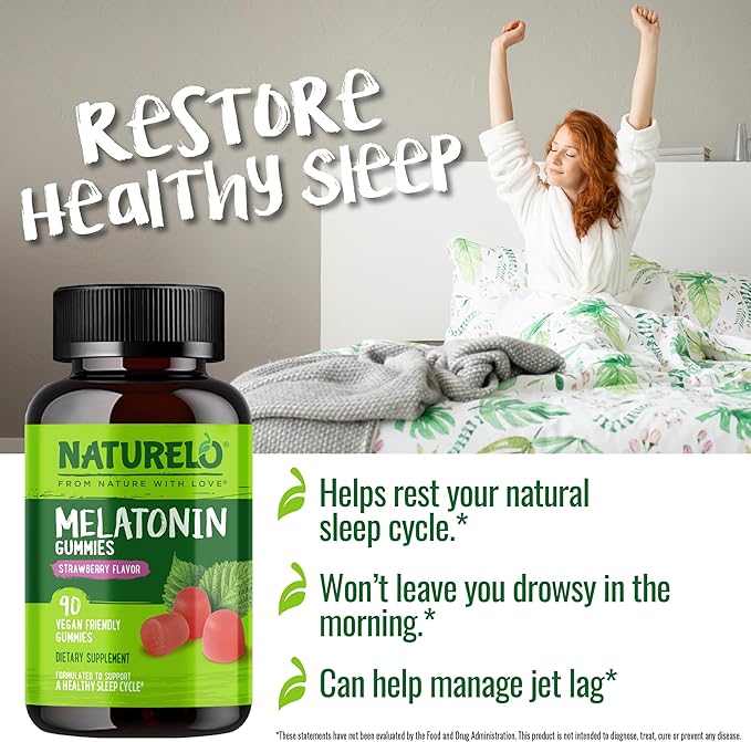 NATURELO Melatonin Gummies – Non-GMO, Gluten-Free, Soy Free - Strawberry Flavor - Gentle Sleep Supplement - 180 Vegetarian Gummies (Pack of 2)