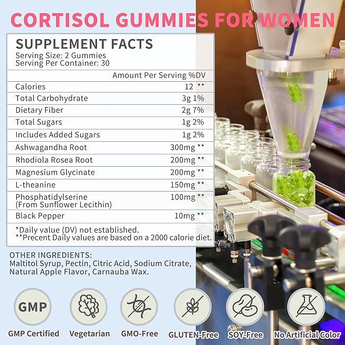 Cortisol Gummies for Women,Cortisol Manager with Ashwagandha,Magnesium,L-theanine,Phosphatidylserine,Rhodiola Rosea,Black Pepper for Mood Support,Adrenal Balance,Sleep,Vegan,Apple Flavor,180 Count
