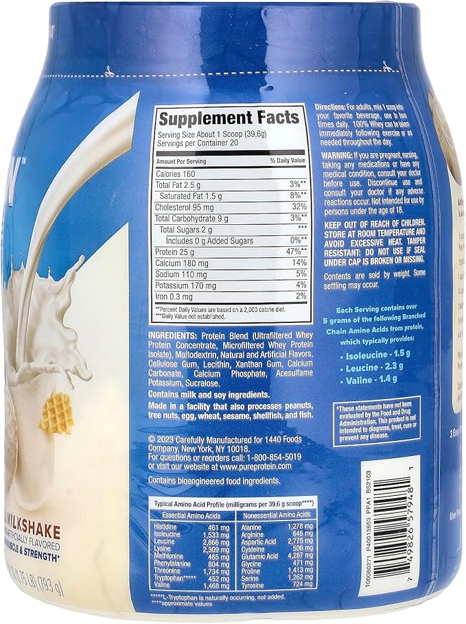 Pure Protein Powder, Whey, High Protein, Low Sugar, Gluten Free, Vanilla Cream, 1.75 lbs
