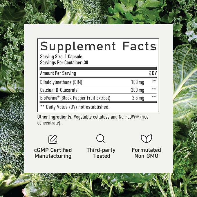 Calcium D-Glucarate with DIM Supplement for Estrogen Detox & Hormone Balance for Women & Men | Detox & Cleanse, Hormonal Acne, Menopause & CDG for Liver Support | Non-GMO, Third-Party Tested | 30ct