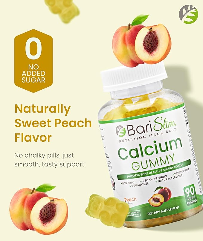 BariSlim Bariatric Calcium Gummies - Specially Formulated Bariatric Vitamins for Patients After Weight Loss Surgery - Supports Energy Levels & Bone Health | Peach (90 Vegan Gummies)