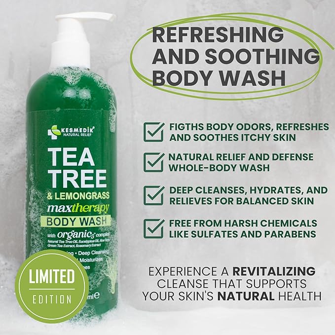 Tea Tree Lemongrass Body Wash MaxTherapy, Itchy Skin Relief, Antifungal Defense, Fights Body Odor, Soothes Jock Itch & Athlete's Foot, Intimate Wash, Men & Women, 16 fl oz, Limited Edition
