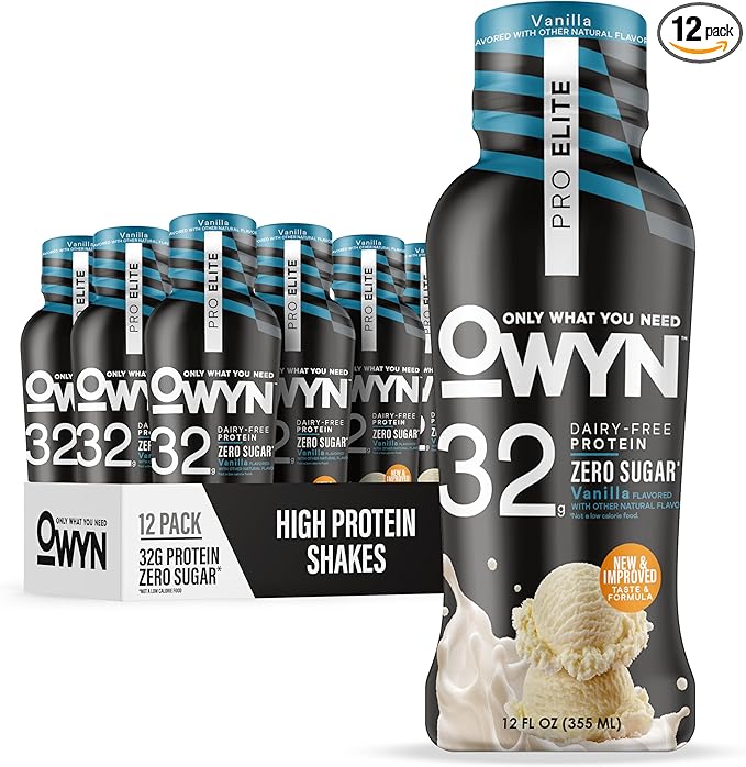 OWYN Only What You Need Pro Elite Vanilla Flavored Protein Shake, 32g Protein, 0g Sugar, High Protein, Dairy Free, Gluten Free, Plant Based Protein Drink, 12 Count