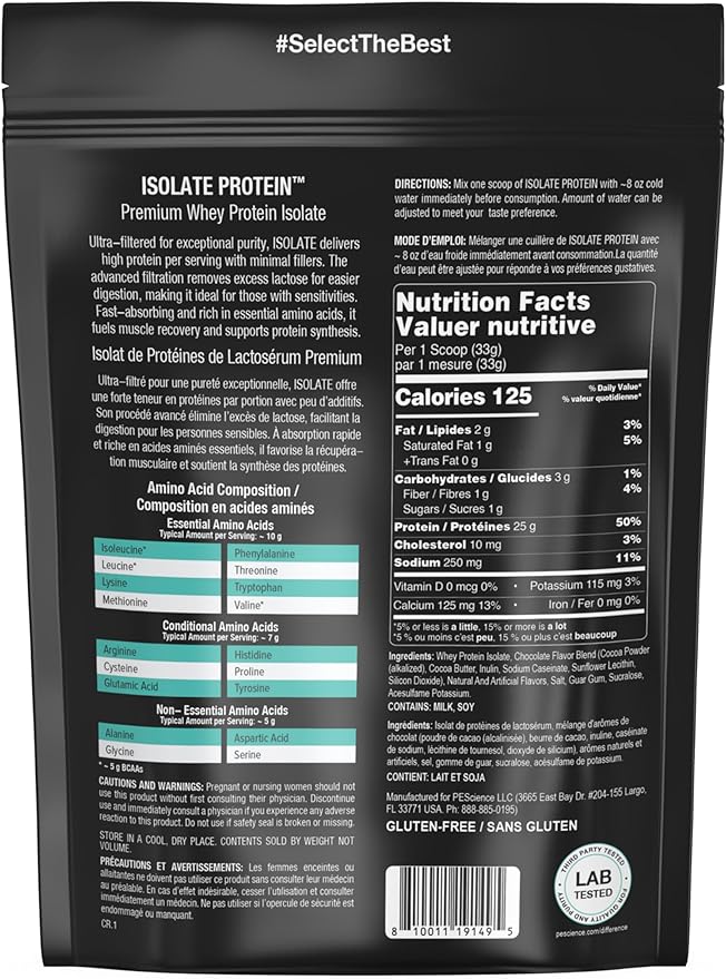 PEScience Isolate Whey Protein Powder, Gourmet Chocolate, 5 Servings, 100% Whey Protein Isolate, Low Carb, Fast Absorbing Post Workout Shake for Men and Women