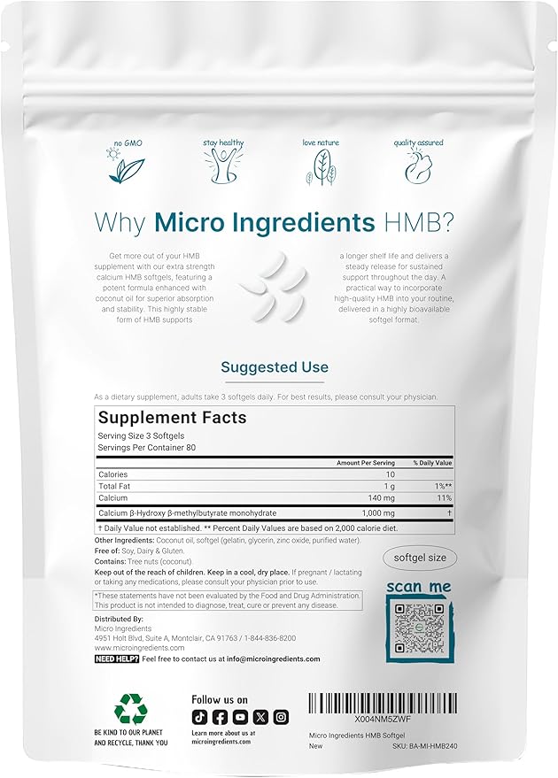 HMB 1,000mg | 240 Softgels with Coconut Oil | Highly Bioavailable | HMB Supplements for Men & Women | Calcium Beta-Hydroxy Beta-Methylbutyrate | Supports Lean Muscle Mass & Muscle Recovery
